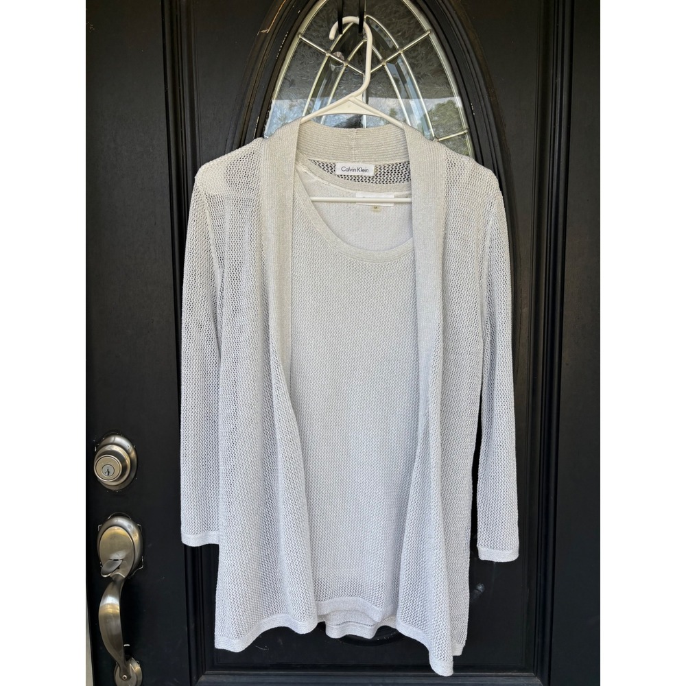 Calvin Klein Womens Metallic Silver Open Knit Cardigan and Tank Top Set M